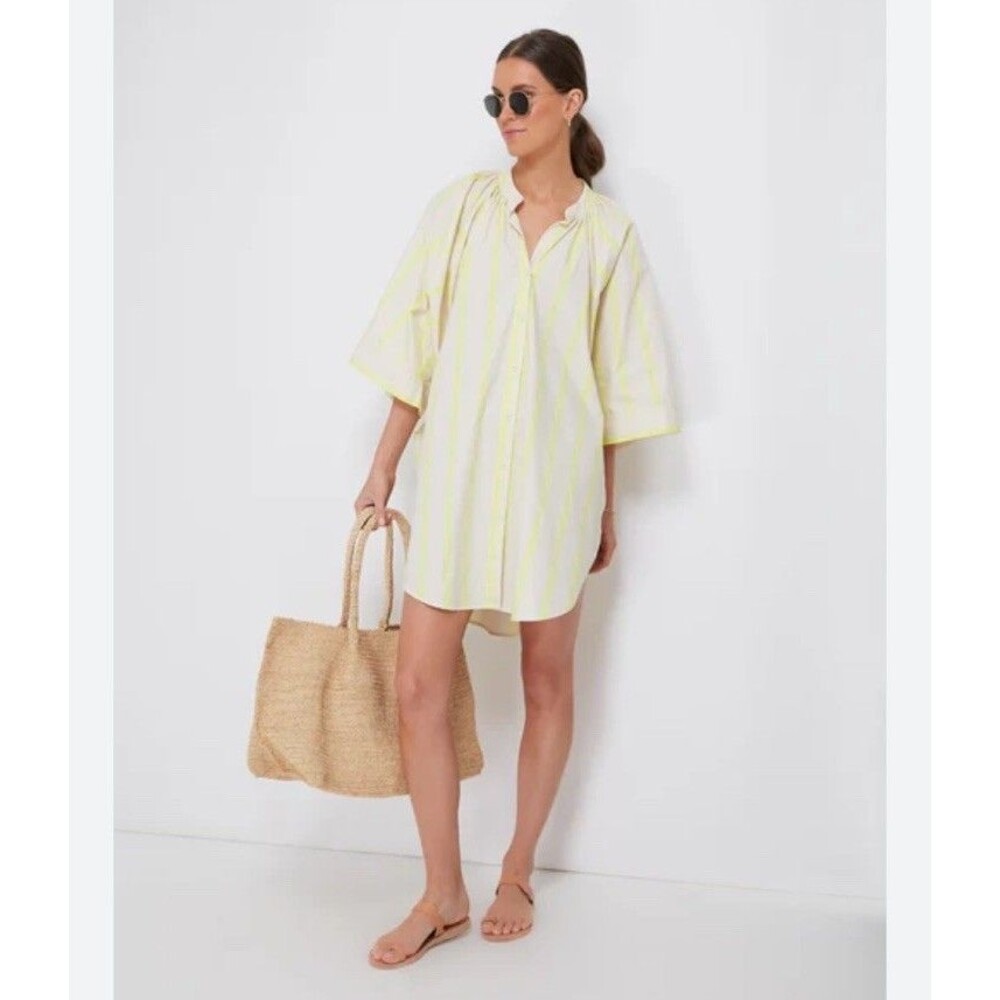 Pomander Place | Yellow and Creme Stripe Pia Oversized Swim Coverup Size Medium